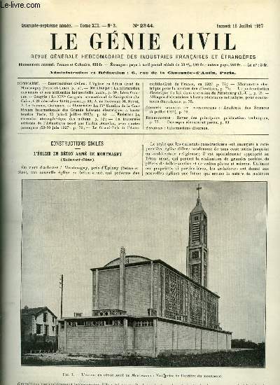 Le gnie civil tome XCI n 3 - L'glise en bton arm de Montmagny, La nitruration des aciers et son utilisation industrielle (suite) par Lon Guillet, Le XIVe Congrs international de navigation par A. de Rouville, La IVe session de la confrence