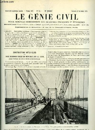 Le gnie civil tome XCI n 15 - Pont suspendu rigide de Montjean sur la Loire, avec fermes en arc a trois articulations par G. Leinekugel Le Cocq, La temprature thermodynamique et l'entropie par J.H. Coblyn, L'aviation commerciale allemande, Le congrs