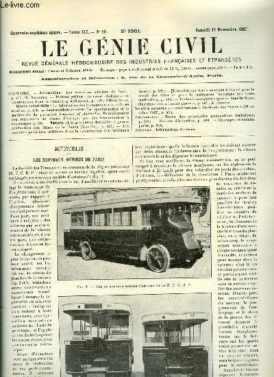 Le gnie civil tome XCI n 20 - Les nouveaux autobus de Paris par G. Delanghe, Le canal Juliana en construction dans le Limbourg hollandais par Alfred Bijls, La fabrication des bromures et des iodures alcalins, La transformation de la machinerie