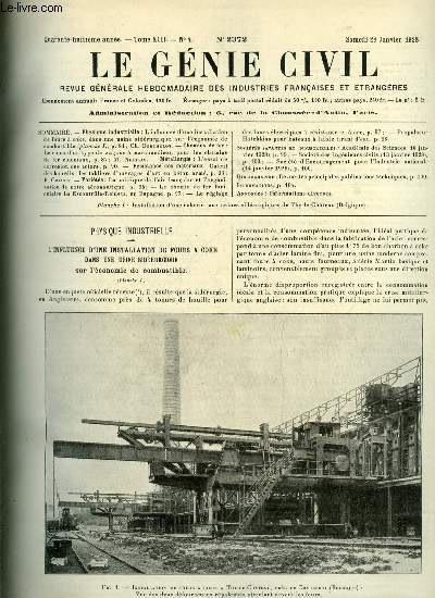 Le gnie civil tome XCII n 4 - L'influence d'une installation de fours a coke, dans une usine sidrurgique, sur l'conomie de combustible par Ch. Berthelot, Le choix d'un type de wagons a marchandises pour les chemins de fer coloniaux par M. Nicolas