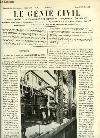 Le gnie civil tome XCII n 20 - L'usine d'Ivry Port de l'lectricit de la Seine, installation de distillation de l'eau d'alimentation, L'emploi des sous produits de la fabrication des sels de quinine comme insectifuges par E. Lemaire, Les travaux