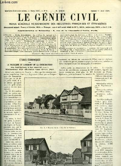 Le gnie civil tome XCIII n 6 - Le problme du logement et la construction des habitations a bon march, ralisations deja effectues dans divers pays par Paul Razous, Essais de reception des aciers pour constructions mtalliques par Ch. Fremont