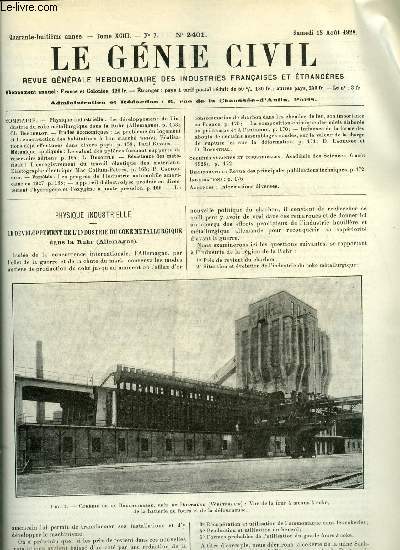 Le gnie civil tome XCIII n 7 - Le dveloppement de l'industrie du coke mtallurgique dans le Ruhr par Ch. Berthelot, Le problme du logement et la construction des habitations a bon march, ralisations deja effectues dans divers pays par Paul Razous