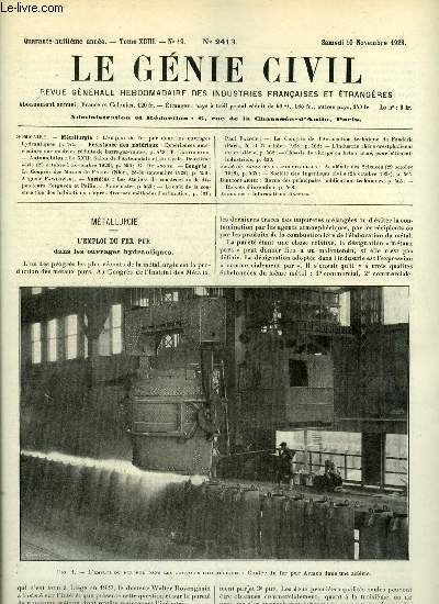 Le gnie civil tome XCIII n 19 - L'emploi du fer pur dans les ouvrages hydrauliques, Expriences amricaines sur modles rduits de barrages voutes par P. Caufourier, Le XXIIe salon de l'automobile et du cycle, deuxime srie par G. Delanghe, Le congrs