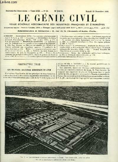 Le gnie civil tome XCIII n 24 - Les nouveaux abattoirs municipaux de Lyon par C. Chalumeau, Le salon allemand d'aronautique par R.J. de Marolles, Les matriaux pour les habitations a bon march et leurs qualits hyginiques par Paul Razous