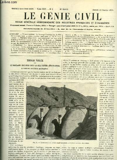 Le gnie civil tome XCIV n 3 - Le barrage Coolidge sur la Gila River a voutes ovoides multiples par P. Caufourier, Les roulements sur huile et le graissage rationnel (suite et fin) par H. Brilli, Les automotrices a moteurs Diesel et a transmission