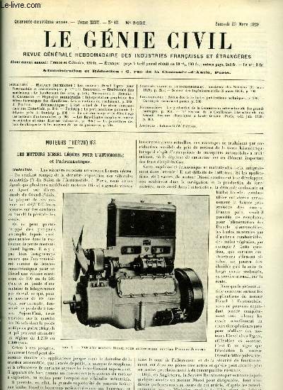 Le gnie civil tome XCIV n 12 - Les moteurs Diesel lgers pour l'automobile et l'aronautique par G. Delanghe, Le flambement des arcs par Mesnager, E. Baticle et R. Chambaud, Interprtation graphique des bilans thermiques des chaudires, les variations