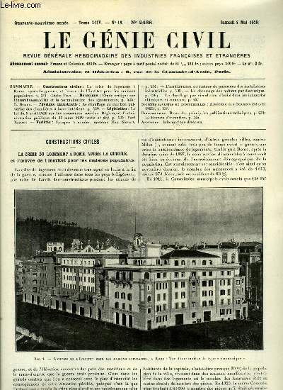 Le gnie civil tome XCIV n 18 - La crise du logement a Rome, aprs la guerre, et l'oeuvre de l'institut pour les maisons populaires par Giulio Tian, Etude critique sur l'interchangeabilit et la normalisation des ajustements par L .Graux, Le chauffage