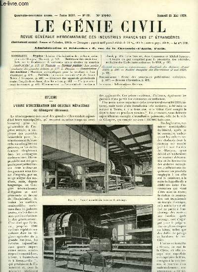 Le gnie civil tome XCIV n 20 - L'usine d'incinration des ordures mnagres de Glasgow, Note sur le flambement de certaines pices droites ou courbes (suite et fin) par G. Pigeaud, Les portes roulantes des grandes cluses par L. Dugard, Machines