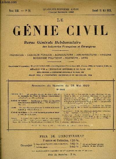 Le gnie civil tome XCIV n 21 - Chimie industrielle : Les nouvelles batteries de fours a coke de la Compagni des Mines de Bthune par A. Grebel, Rsistance des matriaux : contribution a l'tude des impurets dans les rails de chemins de fer