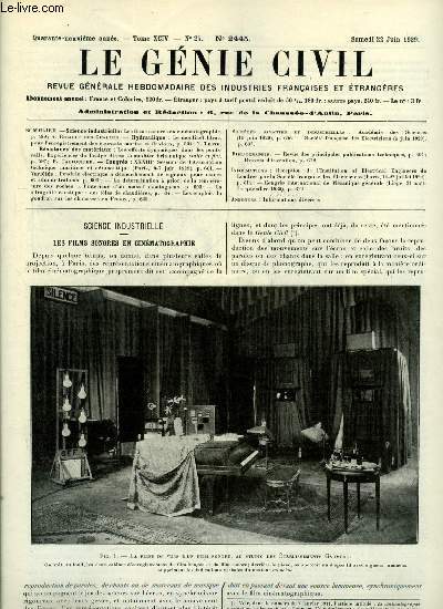 Le gnie civil tome XCIV n 25 - Les films sonores en cinmatographie par A. Bidault des Chaumes, Le moulinet Idrac pour l'enregistrement des courants marins et fluviaux par Y.Teste, Les efforts dynamiques dans les ponts rails, expriences du Bridge