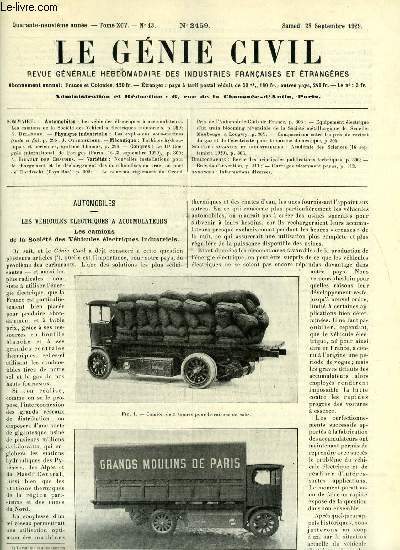 Le gnie civil tome XCV n 13 - Les vhicules lectriques a accumulateurs, les camions de la socit des vhicules lectriques industriels par G. Delanghe, Les explosions sous marines par J. Ottenheimer, Turbines hydraliques et ariennes, systme Thomas