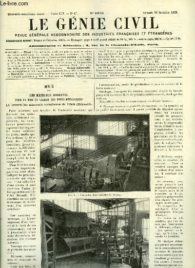 Le gnie civil tome XCV n 17 - Les mthodes modernes pour la mise en valeur des mines mtalliques, la laverie de minerais complexes de l'Orb par Ch. Berthelot, Le meeting d't de l'institution des Naval Architects par Ch. Dantin, Le XXIIIe salon