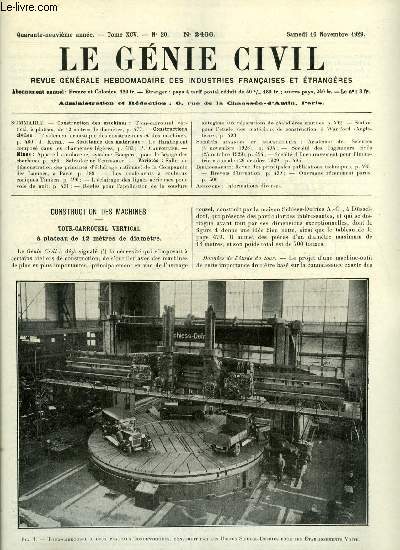 Le gnie civil tome XCV n 20 - Tour carrousel vertical, a plateau, de 12 mtres de diamtre, L'isolement acoustique des constructions et des machines par J. Katel, Le flambement compos dans les charpentes lgres par P. Caufourier, Appareil autolaveur