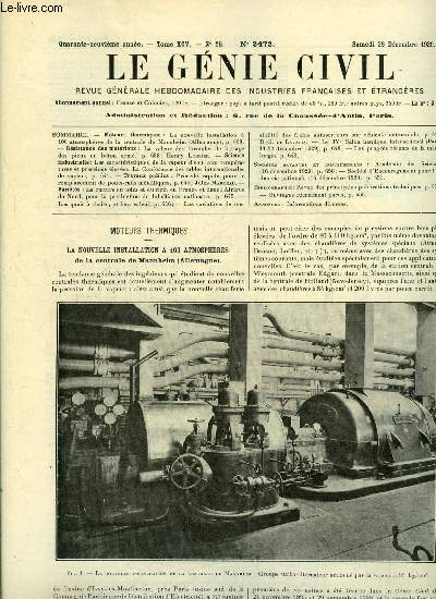 Le gnie civil tome XCV n 26 - La nouvelle installation a 100 atmosphres de la centrale de Mannheim, La valeur des formules de battage des pieux en bton arm par Henry Lossier, Les caractristiques de la vapeur d'eau, aux tempratures et pressions