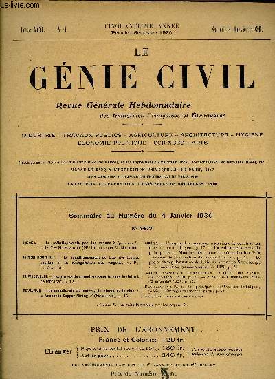 Le gnie civil tome XCVI n 1 - Sciences : la mtallographie par les rayons X par Mme M. Mathieu (Mlle Boccara) et M. Mathieu, Physique industrielle : le conditionnement de l'air des locaux habits, et la rfrigration des wagons par F. Wallet, Travaux