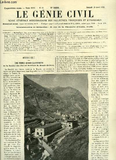 Le gnie civil tome XCVI n 16 - Les usines hydro lectriques de la socit des forces motrices de Brusio, Remarques sur la notion de la charge critique de flambement par F. Campus, La construction en bton arm du thatre Pigalle a Paris, Le problme