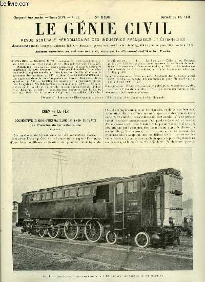 Le gnie civil tome XCVI n 21 - Locomotive Diesel-pneumatique de 1200 chevaux, des chemins de fer allemands, L'emploi du pont roulant dans les grands entrepots maritimes par Sabouret, Nouvelles recherches exprimentales et thoriques sur le film d'huile