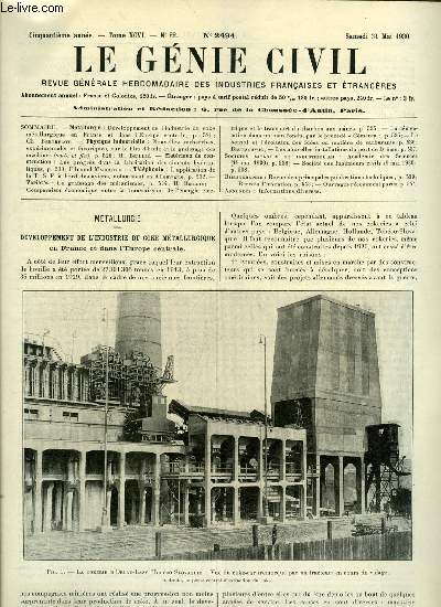 Le gnie civil tome XCVI n 22 - Dveloppement de l'industrie du coke mtallurgique en France et dans l'Europe centrale par Ch. Berthelot, Nouvelles recherches exprimentales et thoriques sur le film d'huile et le graissage des machines (suite et fin)