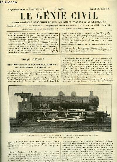 Le gnie civil tome XCVII n 3 - Pompes rchauffeurs et conomiseurs, systme Dabeg pour l'alimentation des locomotives, Les travaux du comit amricain de recherches aronautiques, pendant l'anne 1929 par G. Delanghe, Le transport a distance du gaz
