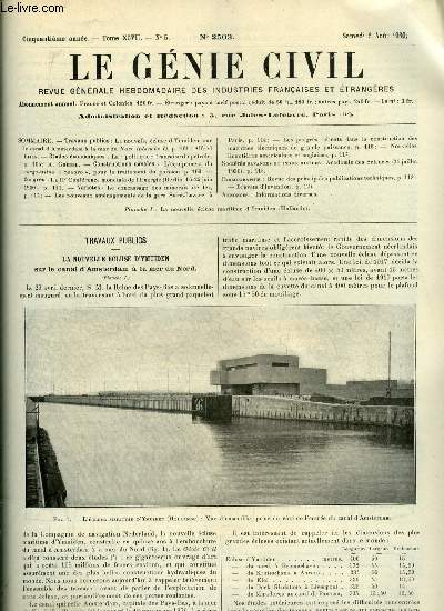 Le gnie civil tome XCVII n 5 - La nouvelle cluse d'Ymuiden sur le canal d'Amsterdam a la mer du Nord par alfred Bijls, La politique franaise du ptrole par A. Grebel, L'quipement du cargo usine Seapro pour le traitement du poisson, La IIe confrence