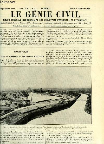 Le gnie civil tome XCVII n 10 - Le port de Dunkerque et ses travaux d'extension par Auguste Pawlowski, Les chemins de fer de la Colombie par Louis Millot, L'emploi des accumulateurs de vapeur dans les stations centrales lectriques, les accumulateurs