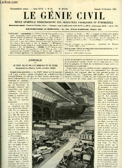 Le gnie civil tome XCVII n 16 - Le XXIVe salon de l'automobile et du cycle par G. Delanghe, L'unification des services de la voirie routire en France par P. Bernard, L'emploi des funiculaires pour la pose des conduites forces et ouvrages de prise