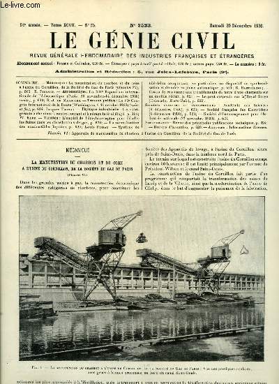 Le gnie civil tome XCVII n 25 - La manutention du charbon et du coke a l'usine du Cornillon de la socit du gaz de Paris par E. Piernet, La XIIe exposition internationale de l'aronautique par R.J. de Marolles, Le VIe congrs international de la route