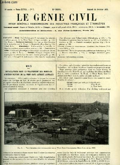Le gnie civil tome XCVIII n 7 - Mines : installations pour le traitement des minerais aurifres pauvres de la West Rand par Jean Fulop, Les travaux d'amlioration de la navigation sur la Meuse, a Maastricht par Alfred Bijls, L'alimentation rationnelle