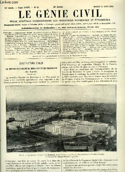 Le gnie civil tome XCVIII n 15 - La nouvelle facult de Mdecine et de Pharmacie de Lyon par le docteur Lpine et Ch. Dantin, L'puration des eaux d'gout par l'pandage par les lits bactriens et par les boues actives par Edmond Marcotte