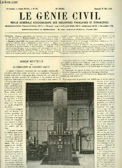 Le gnie civil tome XCVIII n 22 - La fabrication de l'oxygne liquide par Gomonet, Le transport dans la rgion de Lille Roubaix, du gaz produit par les cokeries du Pas de Calais, Les progrs raliss depuis 50 ans dans l'utilisation de la houille comme