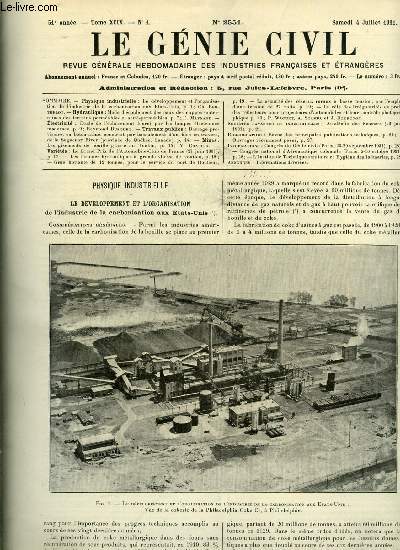 Le gnie civil tome XCIX n 1 - Le dveloppement et l'organisation de l'industrie de la carbonisation aux Etats Unis par Ch. Berthelot, Mode d'coulement des eaux des nappes souterraines des terrains permables et semi permables par E. Maynard, Etude