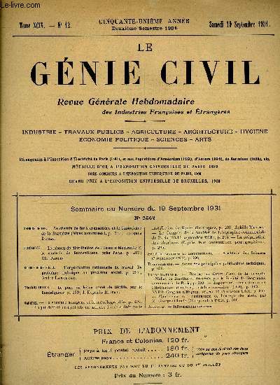 Le gnie civil tome XCIX n 12 - Chemins de fer : le chemin de fer a crmaillre et le funiculaire de la Zugspitze par Jacques Dumas, Electricit : le rseau de distribution de l'union d'lectricit et la centrale de Gennevilliers, prs Paris