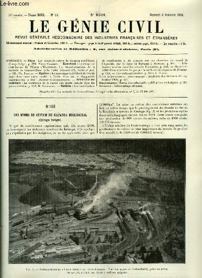 Le gnie civil tome XCIX n 14 - Les mines de cuivre du Katanga mridional par Victor Charrin, Le rseau de distribution de l'union d'lectricit, les transformations de la centrale de Gennevilliers prs Paris par Ch. Dantin, Le sauvetage individuel