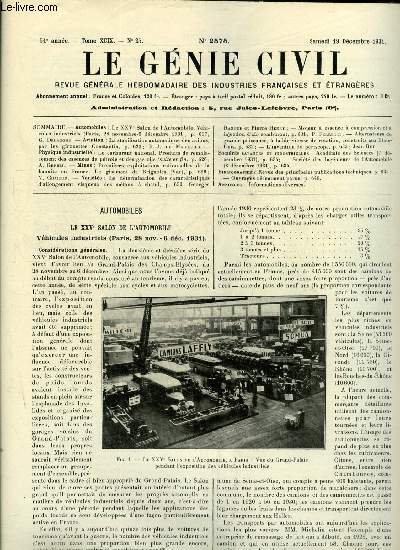Le gnie civil tome XCIX n 25 - Le XXVe salon de l'automobile, vhicule industriels par G. Delanghe, La stabilisation automatique des avions par les girouettes Constantin par R.J. de Marolles, Le carburant national, produits de remplacement des essences