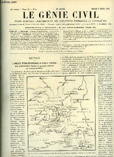 Le gnie civil tome CI n 1 - L'nergie hydro-lectrique du Massif Central, son intervention dans les grands centres de consommation par V. Sabouret, L'oxygne dans les produits sidrurgiques par Jean Cournot et Louise Halm, La nouvelle station