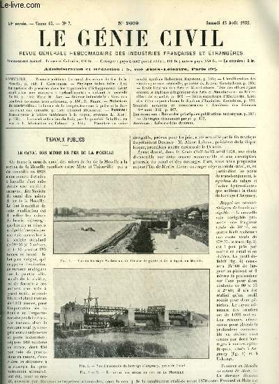 Le gnie civil tome CI n 7 - Le canal des mines de fer de la Moselle par P. Caufourier, Les fluctuations de pression dans les tuyauteries d'chappement, leur application aux moteurs turboaliments suivant le procd Buchi par Erik H. Abt, Vers