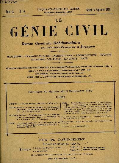 Le gnie civil tome CI n 10 - Architecture : l'ossuaire de Douaumont, prs de Verdun, Traction lectrique : la traction lectrique sur les Chemins de fer du Midi, locomotives B-B, sries E 4101 et E 4601 (suite) par Henri Coquet, Rsistance des matriaux