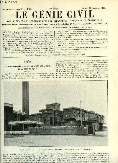 Le gnie civil tome CI n 22 - L'usine d'incinration des ordures mnagres de la ville de Lyon par C. Chalumeau, Les progrs de la construction automobile rvls par le dernier salon de Paris par G. Delanghe, La concurrence entre le dirigeable