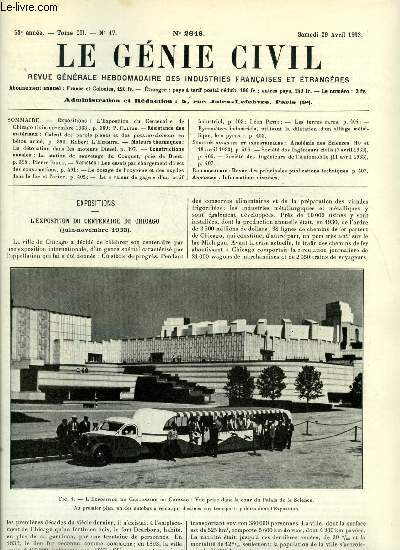 Le gnie civil tome CII n 17 - L'exposition du centenaire de Chicago par P. Calfas, Calcul des parois planes et des poutres-cloisons en bton arm par Robert L'Hermite, La dtonation dans les moteurs Diesel, La station de sauvetage du Conquet