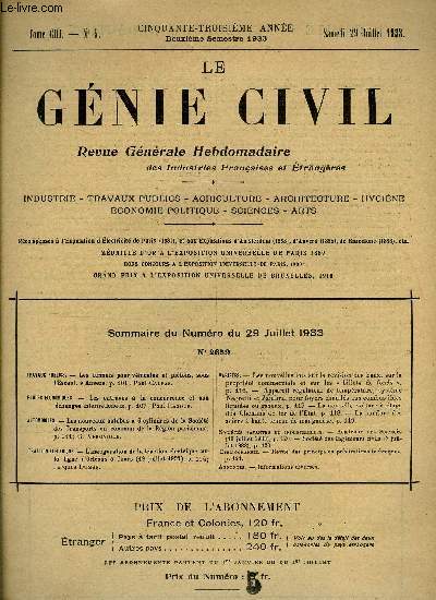 Le gnie civil tome CIII n 5 - Travaux publics : les tunnels pour vhicules et pitons, sous l'Escaut, a Anvers par Paul Calfas, Etudes conomiques : les entraves a la concurrence et aux changes internationaux par Paul Razous, Automobiles : les nouveaux