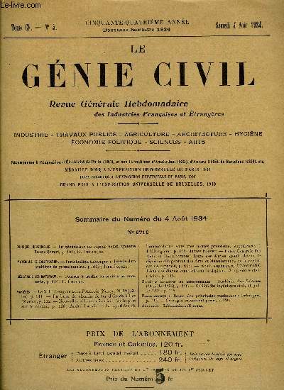 Le gnie civil tome CV n 5 - Physique industrielle : le gnrateur de vapeur Velox, systme Brown-Boveri par G. Delanghe, Matriaux de construction : contribution thorique a l'tude d'un problme de granulomtrie par Jean Jaugey, Rsistance