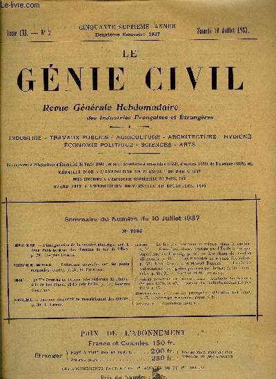 Le gnie civil tome CXI n 2 - Chemins de fer : l'inauguration de la traction lectrique sur la ligne Paris-Le Mans des Chemins de fer de l'Eat par Jacques Dumas, Rsistance des matriaux : rflexions nouvelles sur les ponts suspendus (suite)