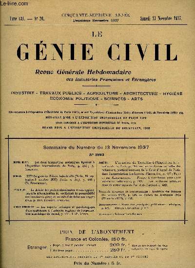 Le gnie civil tome CXI n 20 - Chemins de fer : les deux locomotives sovitiques figurant a l'exposition internationale de Paris par A. Ignatiev, Congrs : XVIIe congrs de chimie industrielle (suite et fin) par Ch. Berthelot, Hydraulique : la thorie