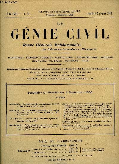 Le gnie civil tome CXIII n 10 - Travaux publics : la construction de cinq ponts route en bton a la cote d'Ivoire par J. Prunet, Chemins de fer : le raccordement parabolique entre courbes de mme sens sur les voies ferres par A. Kimmerl, Chimie