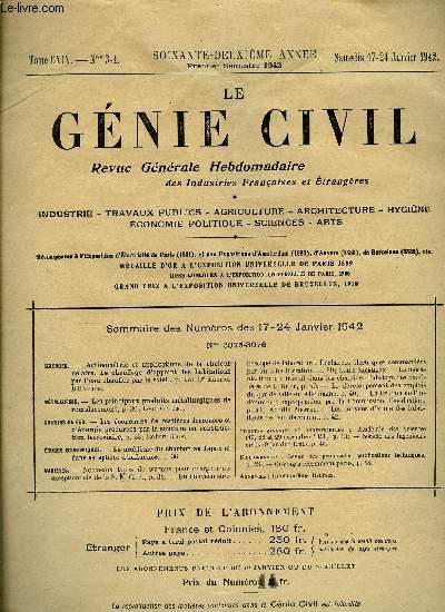 Le gnie civil tome CXIX n 3-4 - Sciences : actinomtrie et applications de la chaleur solaire, le chauffage d'appoint des habitations par l'eau chauffe par le soleil par Dr Maurice D'Halluin, Mtallurgie : les principaux produits mtallurgiques
