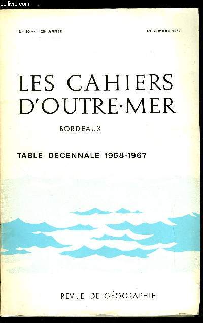 Les cahiers d'outre-mer n 80 bis - 2e table dcennale (1958-1967) dresse par Christian Huetz de Lemps avec la collaboration de Mlle Perrin, Mme Rouher et M.J.C. Giacottino