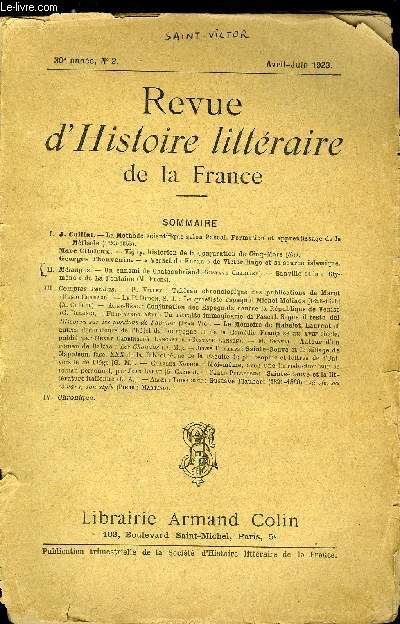 Revue d'histoire littraire de la France n 2 - La mthode scientifique selon Pascal, Formation et apprentissage de la Mthode (1623-1653) par J. Caillat, Vigny, historien de la Conjuration de Cinq Mars (fin) par Marc Citoleux, Verset du Koran de Victor