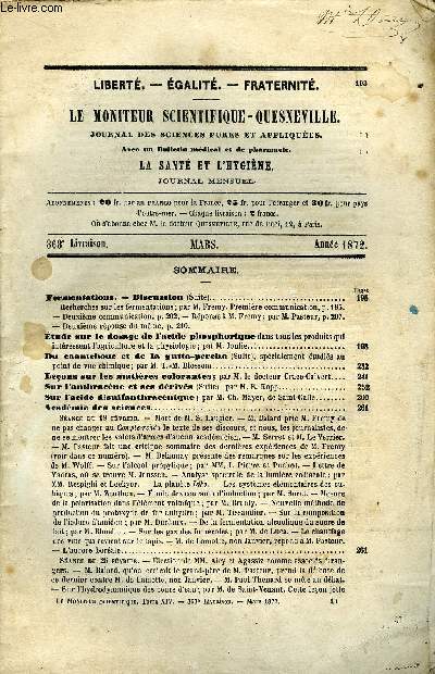 Le moniteur scientifique : journal des sciences pures et appliques n 363 - Fermentation, discussion (suite) - Recherches sur les fermentations par M. Fremy, premire communication, Etude sur le dosage de l'acide phosphorique dans tous les produits