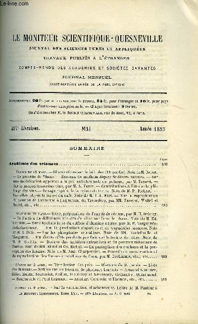 Le moniteur scientifique : journal des sciences pures et appliques n 497 - Observations sur le lait bleu (11e partie), note de M. Reiset, Le passage de Vnus, Travaux de mathmatiques de divers auteurs, Sur une modification apporte a la pile